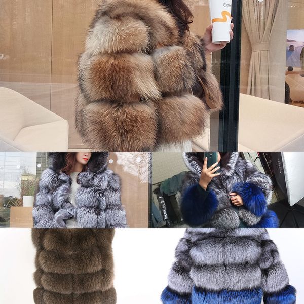 

winter new real jacket women's leather hooded coat thick natural fox stitching color fashion fur vestx1019, Black