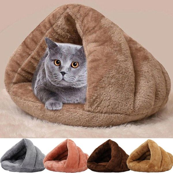

cat beds & furniture soft velvet pet dog bed triangle semi-closed cat's house puppy cats nest cushion mat indoor basket cave 2 in 1 cam