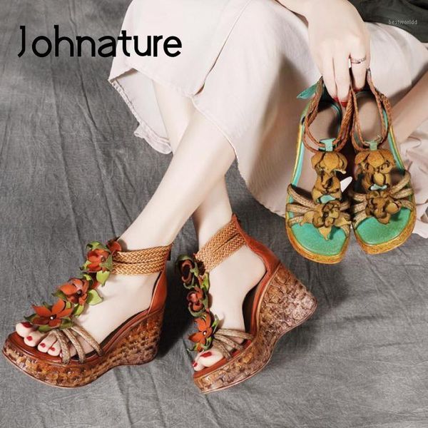 

sandals johnature high heels genuine leather women shoes 2021 summer retro zip wedges casual flower platform ladies sandals1, Black