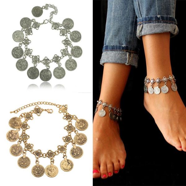 

bohemian ethnic big gold silver color round carved pendant bracelet anklet women vintage beach party bracelet jewelry wholesale, Golden;silver