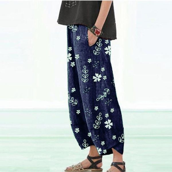 

summer wide leg cropped pants vintage cotton linen pants casual floral print elastic waist pocket women's trousers female jg31, Black;white