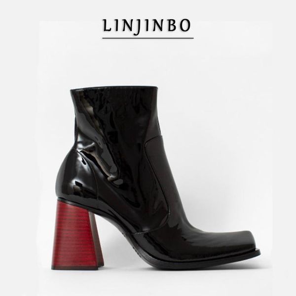 

boots glossy leather high heels women square toe red thick heel ankle for 2021 autumn zipper black shoes1