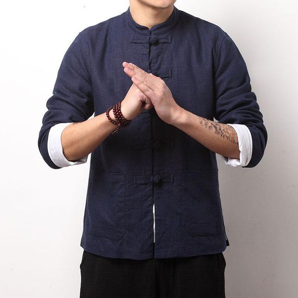 

chinese style slim single breasted button stand collar men's jacket and coat linen overcoats casual men solid retro jackets1, Black;brown