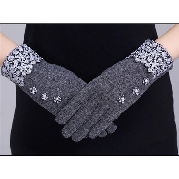 

five fingers gloves 1 pair fashion elegant ladies touch screen winter female lace warm bow full finger mittens wrist guantes gift, Blue;gray