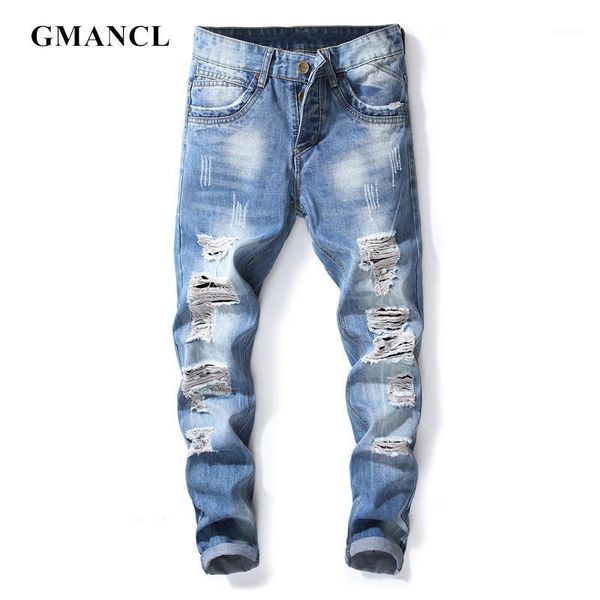 

men's jeans men streetwear hip hop ripped blue beggar skinny fashion knee holes 100% cotton slim fit casual joggers denim pants1