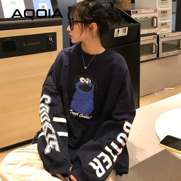 

aqoia autumn lazy style cartoon printing loose women's sweatshirt harajuku oversize women sweatshirt ins fashion hoodies 201204, Black