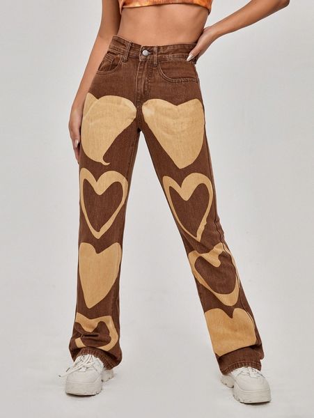 

high waist heart print straight jeans l3zk#, Blue