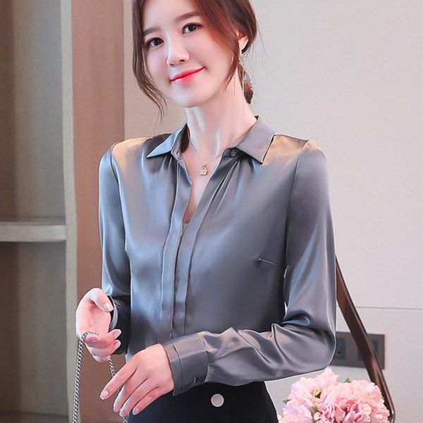 

women's blouses & shirts korean silk women long sleeve woman v-neck satin elegant shirt blouse ladies plus size xxl, White