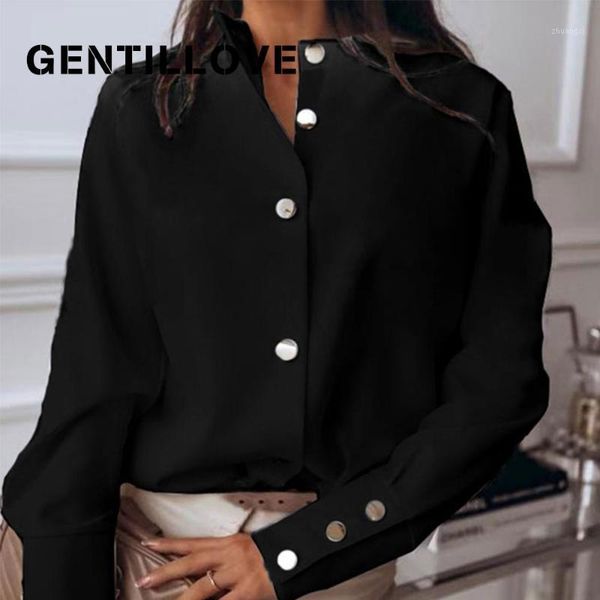 

getillove long sleeve metal buttons blouse office lady shirt 2020 women elegant and blouse casual loose tunic, White