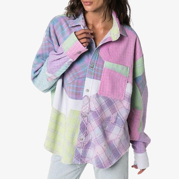 

women colorblock blouse spring autumn floral print plaid shirt, White