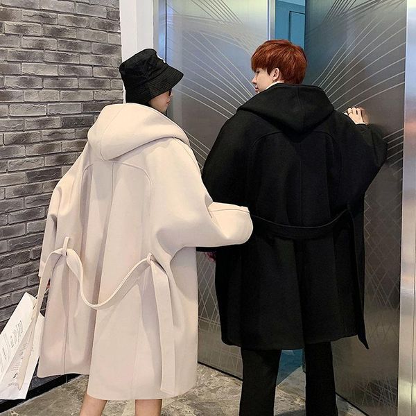 

men's trench coats windbreaker 2021 autumn winter slim solid color in long couples hoodie loose casual fashion youth wear, Tan;black