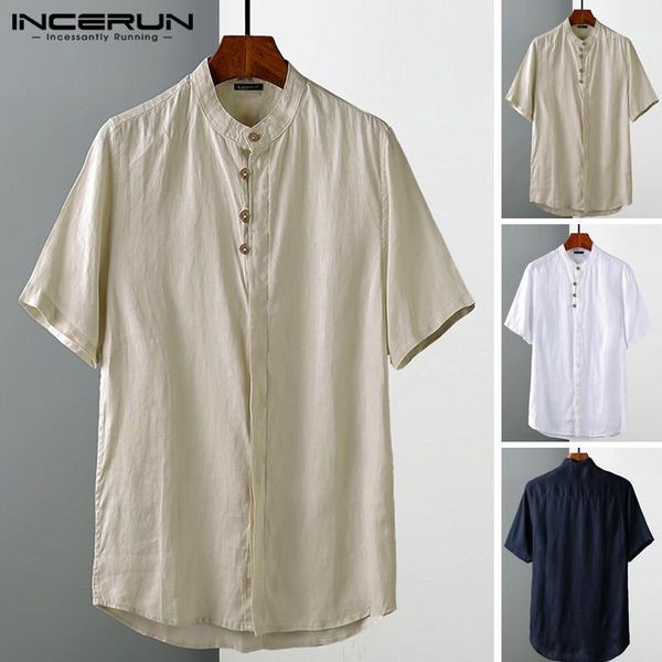 

2020 men plain shirts short sleeve stand collar shirt causal solid color buttons blouse summer loose comfortable plus size1, White;black