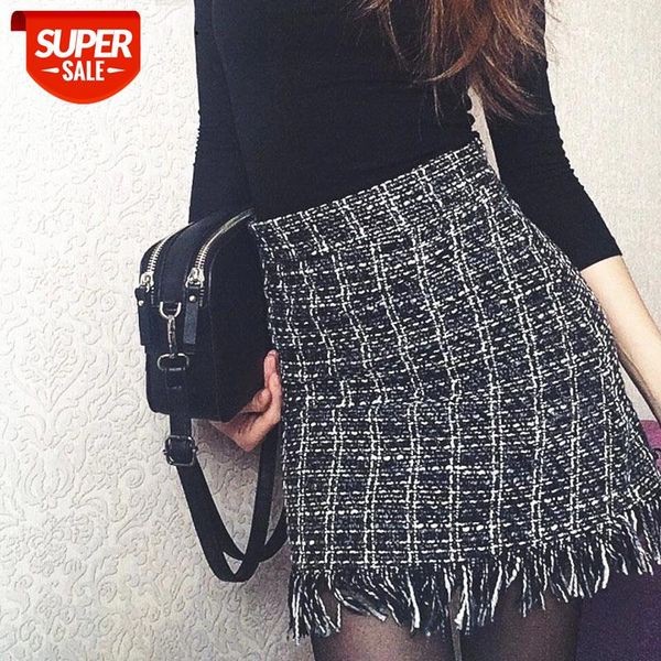 

2018 women woolen mini skirt autumn winter vintage straight plaid tassel skater skirt high waist femininas #un1y, White;black