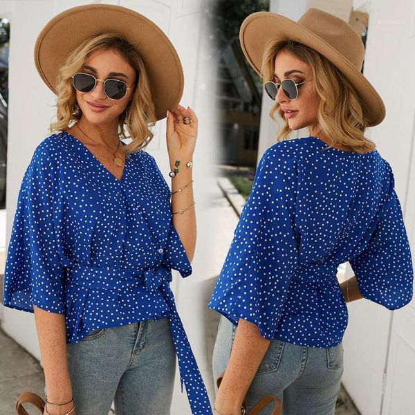 

fashion daily polka dot outdoor short sleeve gift women summer shirt slim casual beach v neck tie front batwing1, White
