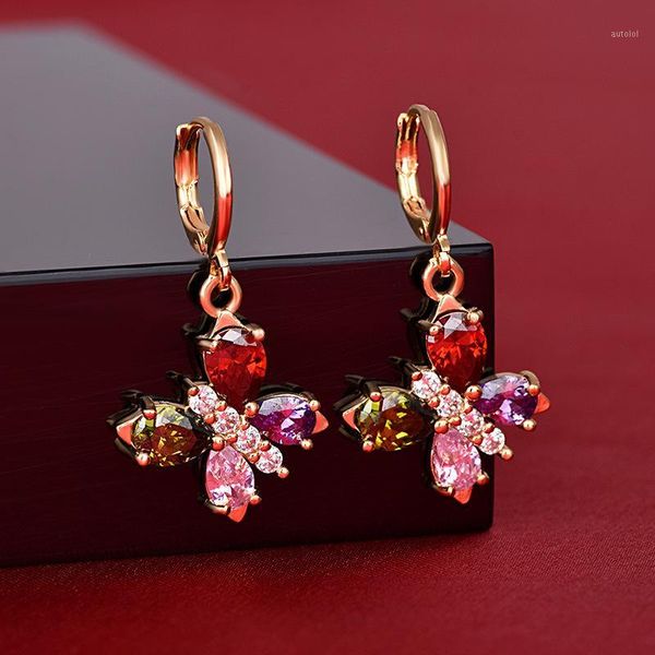 

mystery female rainbow hoop earrings fashion cute colorful butterfly flower earrings double zircon stone for women1, Golden;silver