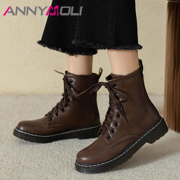 

boots annymoli flat platform motorcycle woman ankle round toe shoes lace up short female autumn winter black size 43