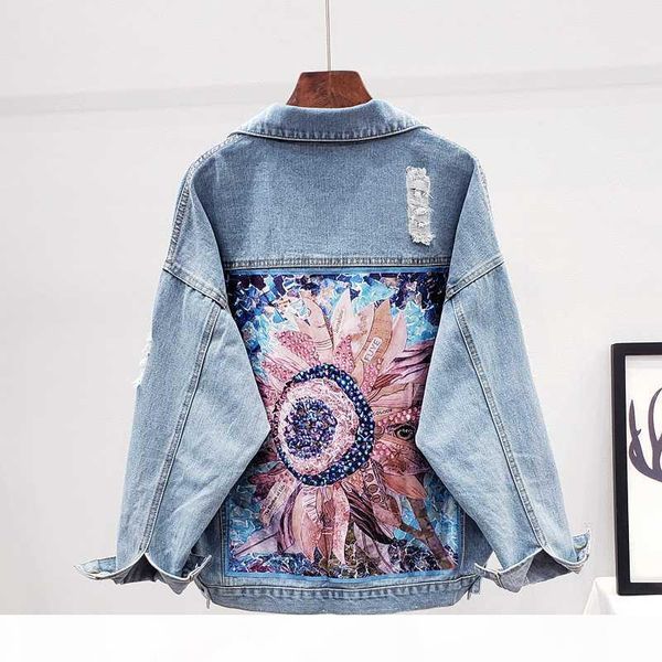 

boho denim jacket for women frayed holes sequin floral appliques embroidery jeans jacket coat loose long sleeve outerwear female, Black;brown