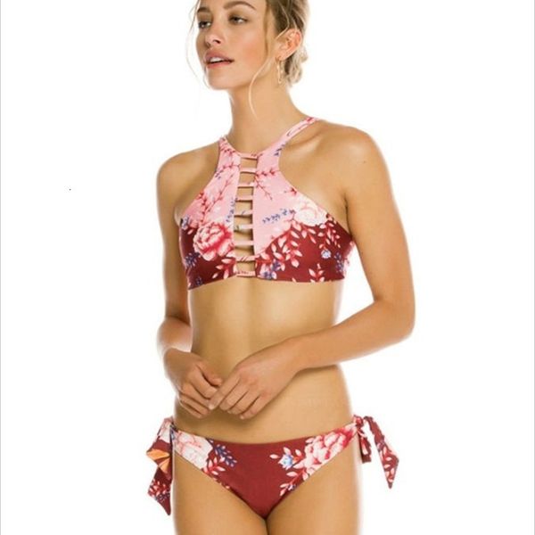 

2020 new high collar multi rope bandage polyester asian printed triangle bikini swimsuit for women, White;black