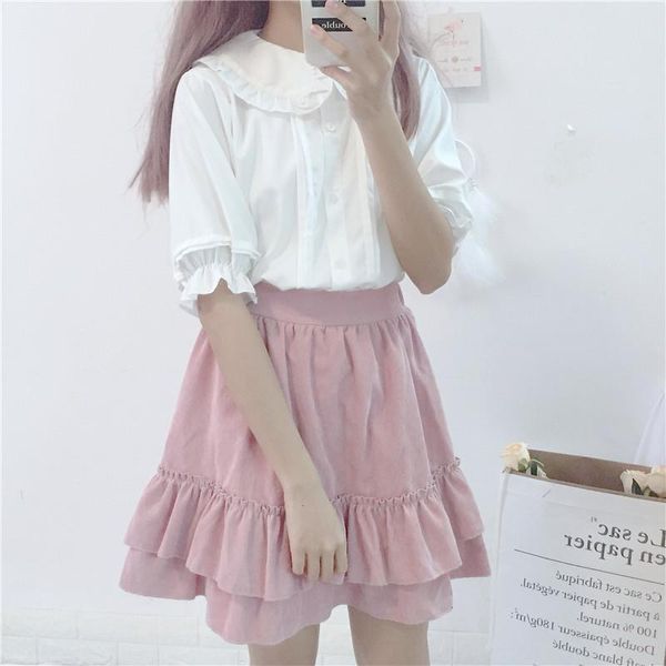 

kyqiao girls white shirt 2021 mori girls summer japan style short sleeve peter pan collar solid lolita black shirt top