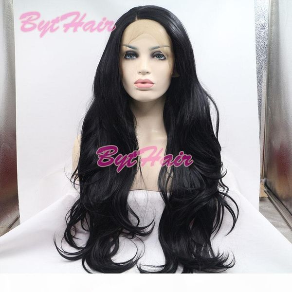 

bythair natural hairline glueless heat resistant fiber hair wigs for black women long jet black 1# wavy synthetic lace front wig