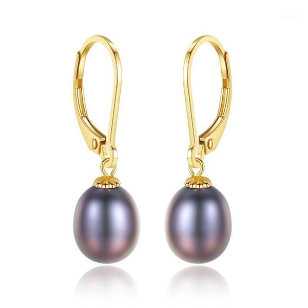

8-9mm Pearl 18K Gold Simple Fashion Black Pearl Women's Earrings1, Golden;silver