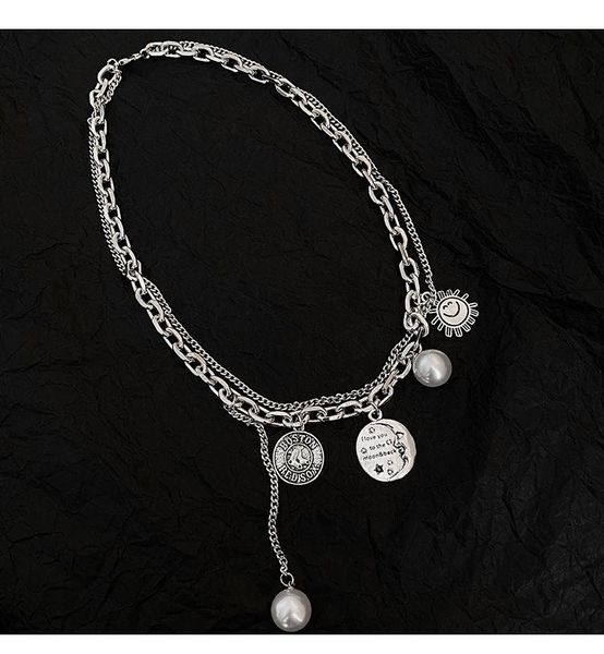 

vintage gold silver color zinc alloy multilayer moon sun fake pearl splicing choker necklace punk fashion perle pendant necklace, Golden;silver