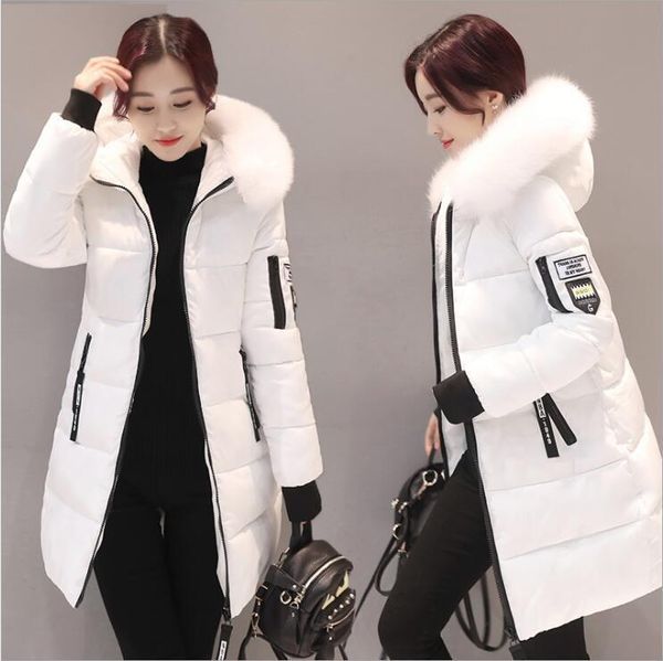 

women hooded warm wadded coat winter jackets big fur collar slim mid-long fashion thick down cotton parka female plus size 201027, Black