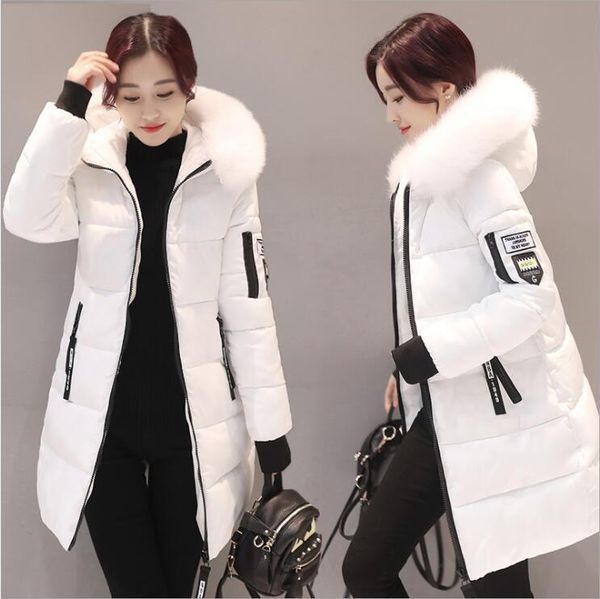 

women hooded warm wadded coat winter jackets big fur collar slim mid-long fashion thick down cotton parka female plus size 201027, Black