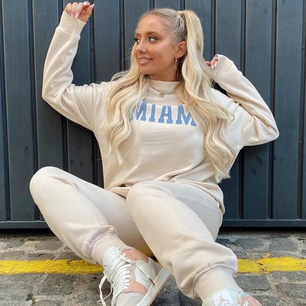 

hoodies set for women new crew neck miami letter printed casual tracksuit spring autumn clothing set female clothing, Gray