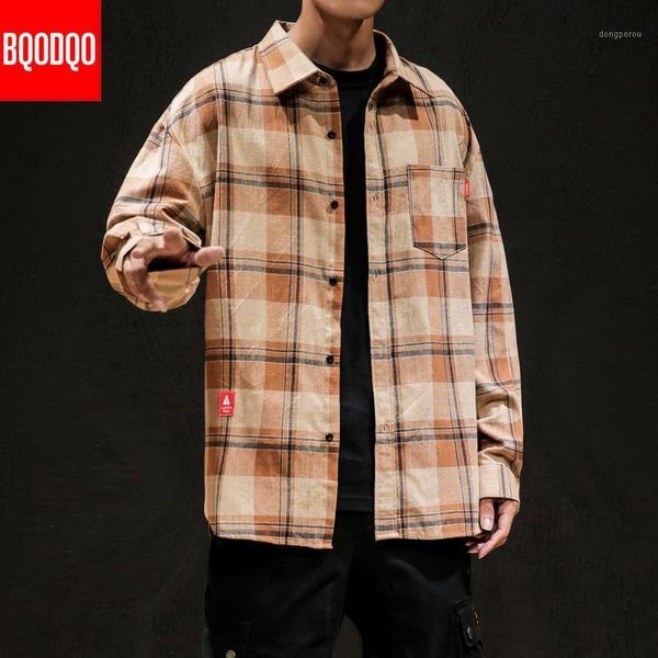 

plaid long sleeve cotton shirt men casual japanese army mens clothing plus size 2021 streetwear autumn spring social shirts, White;black