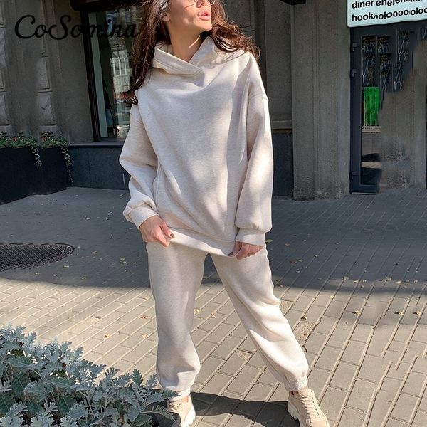 

cosomina autumn hoodie women two-piece sets solid fleece oversized sportswear winter warm hooded pullover jogging pants suit 201119, White
