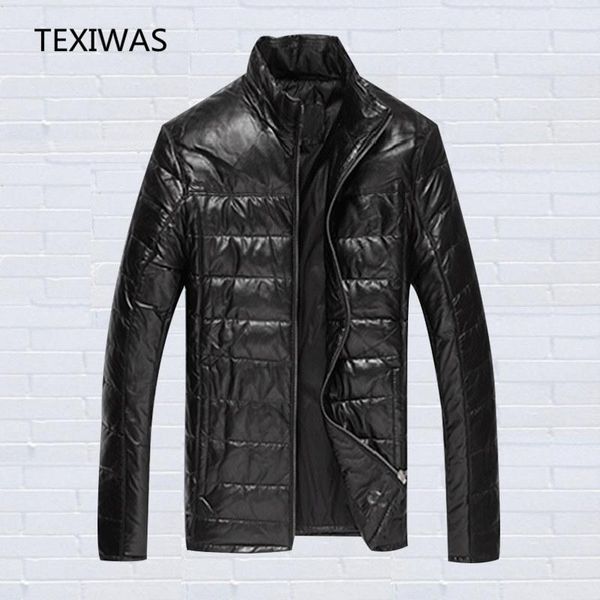 

texiwas stand warm thick genuine leather down jacket men leather coat men duck down sheepskin jacket, Black
