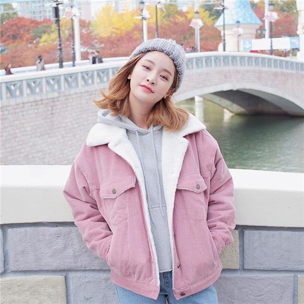 

women's jackets plus velvet short female winter autumn cute harajuku corduroy pink thick wadded coat jacket turn-down fur collar top, Black;brown