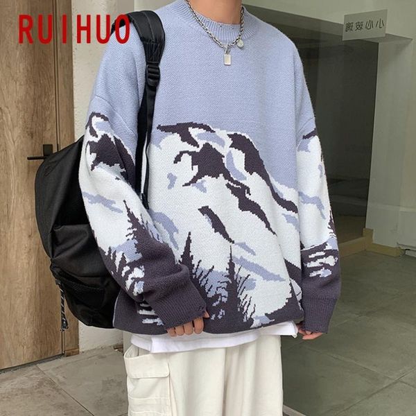 

ruihuo mountain print vintage sweater men clothing 2020 fashion harajuku sweaters pullover men sweater winter clothes -2xl, White;black