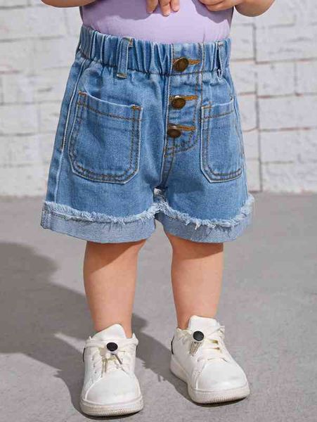 

baby pocket patched raw cut denim shorts she, Blue