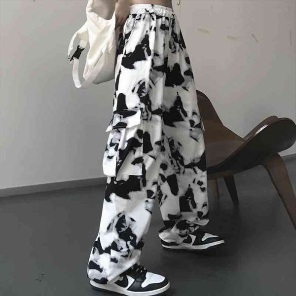 

cargo pants tie dye harajuku streetwear women wide leg high waisted trousers punk oversize aesthetic korean fashion, Black;white