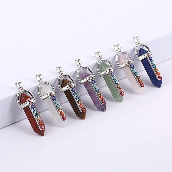 

7 chakra natural stone charm rose quartz crystal pendants chakras gem stone fit earrings necklace making assorted, Bronze;silver