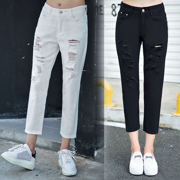 

summer white perforated jeans women's loose capris elastic beggars straight slim girls pants fashion, Blue