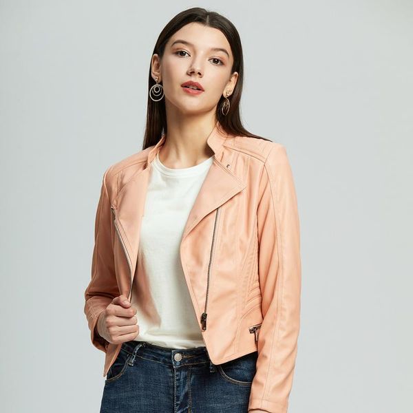 

2020 women casual pu motorcycle slim biker short jacket coat long sleeve outwear, Black