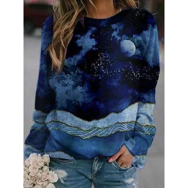 

women casual printed round neck pullover long sleeve loose sweatshirt blouse top, White