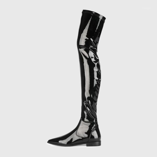 

fashion pointed toe stretch patent leather thigh high boots women zipper knight boots flat heels women stage1, Black