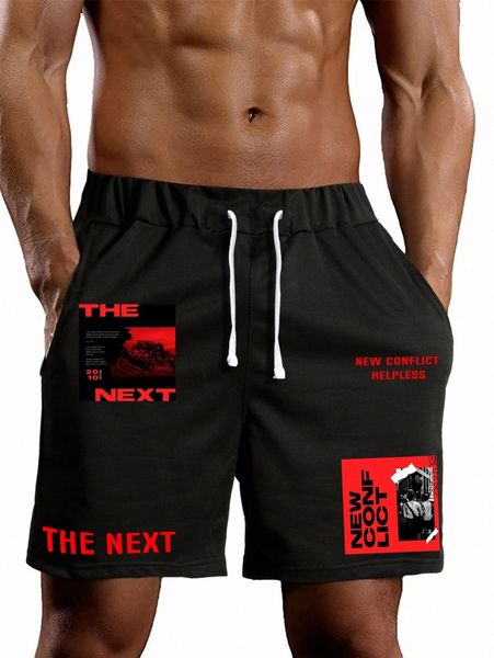 

men letter and figure print drawstring waist shorts w0gu#, Black
