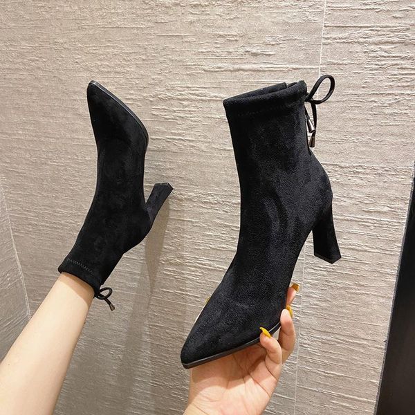 

boots pointed toe short women's high-heeled thick-heeled black 2021 single1