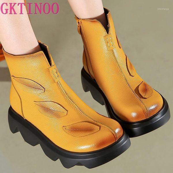 

gktinoo autumn ankle boots for women genuine leather boots chunky heels casual retro round toe platform shoes female1, Black