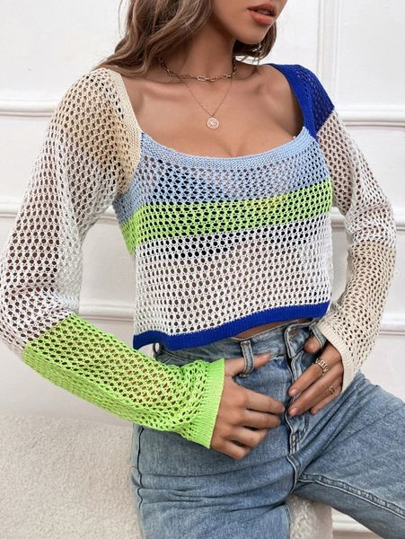 

pointelle knit colorblock sweater without bra l5yq#, White