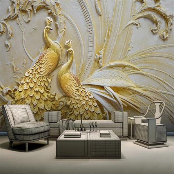 

milofi customized large 3d wallpaper mural 3d three-dimensional relief golden peacock tv background wallpaper mural1