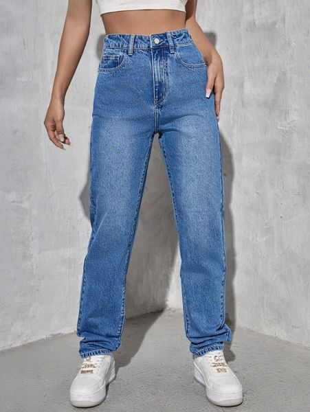 

high waisted zip up straight leg jeans l2rk#, Blue