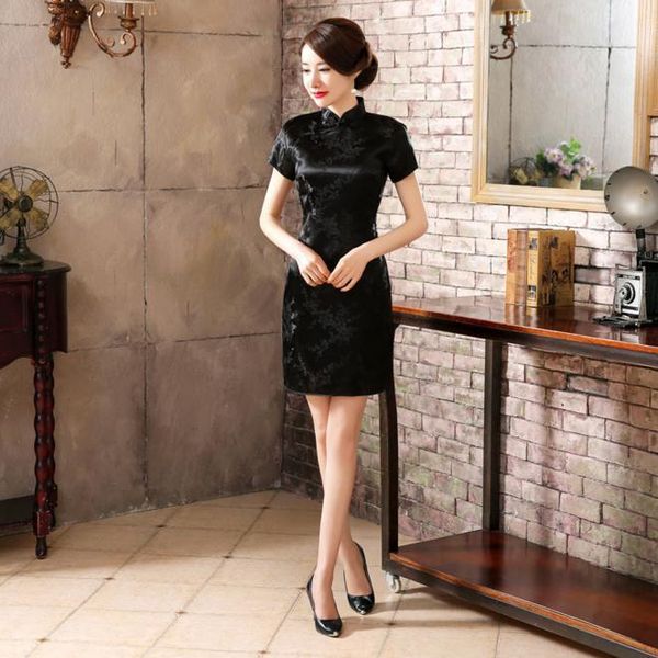 

summer black chinese women mini dress traditional silk satin qipao cheongsam flower size s,,l,xl,xx 4xl 5xl 6xl nc0271, Red