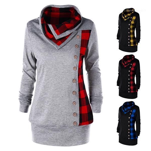 

women's hoodies & sweatshirts 2021 fashion plaid patchwork pullover women's shirt button lapel long sleeve casual sweatshirt autum, Black