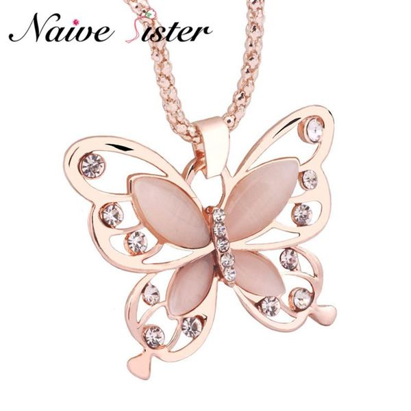 

pendant necklaces 2021 rose gold color opal butterfly necklace sweater chain long for women girls animal jewelry anime, Silver